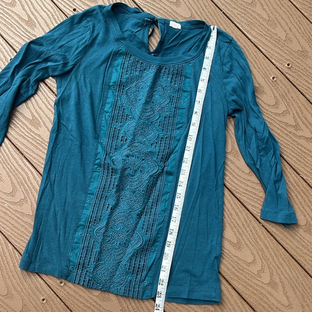 J Crew teal Celtic boho embroidered 3/4 sleeves top SZ XS - Picture 6 of 7